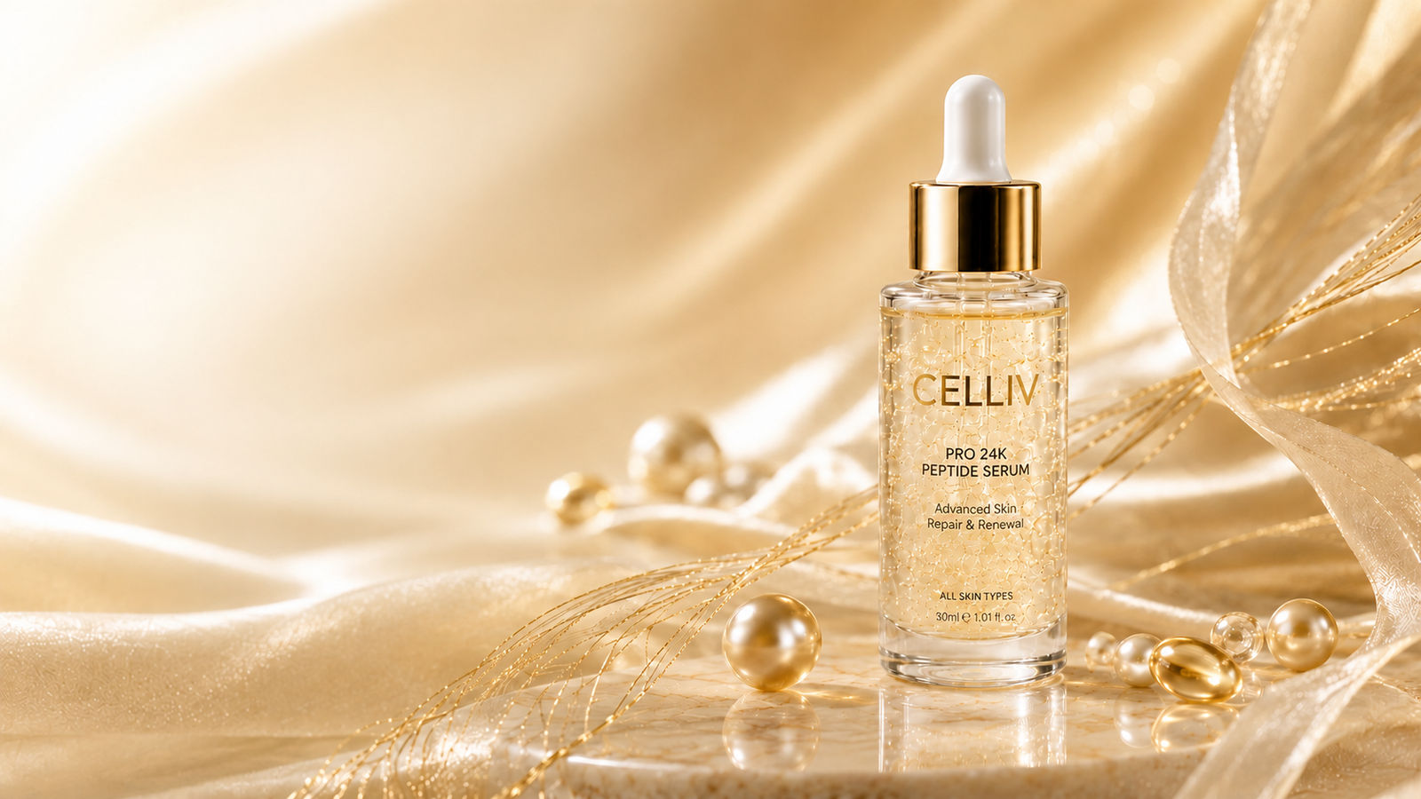 CELLIV peptide serum bottle on champagne silk with warm golden light