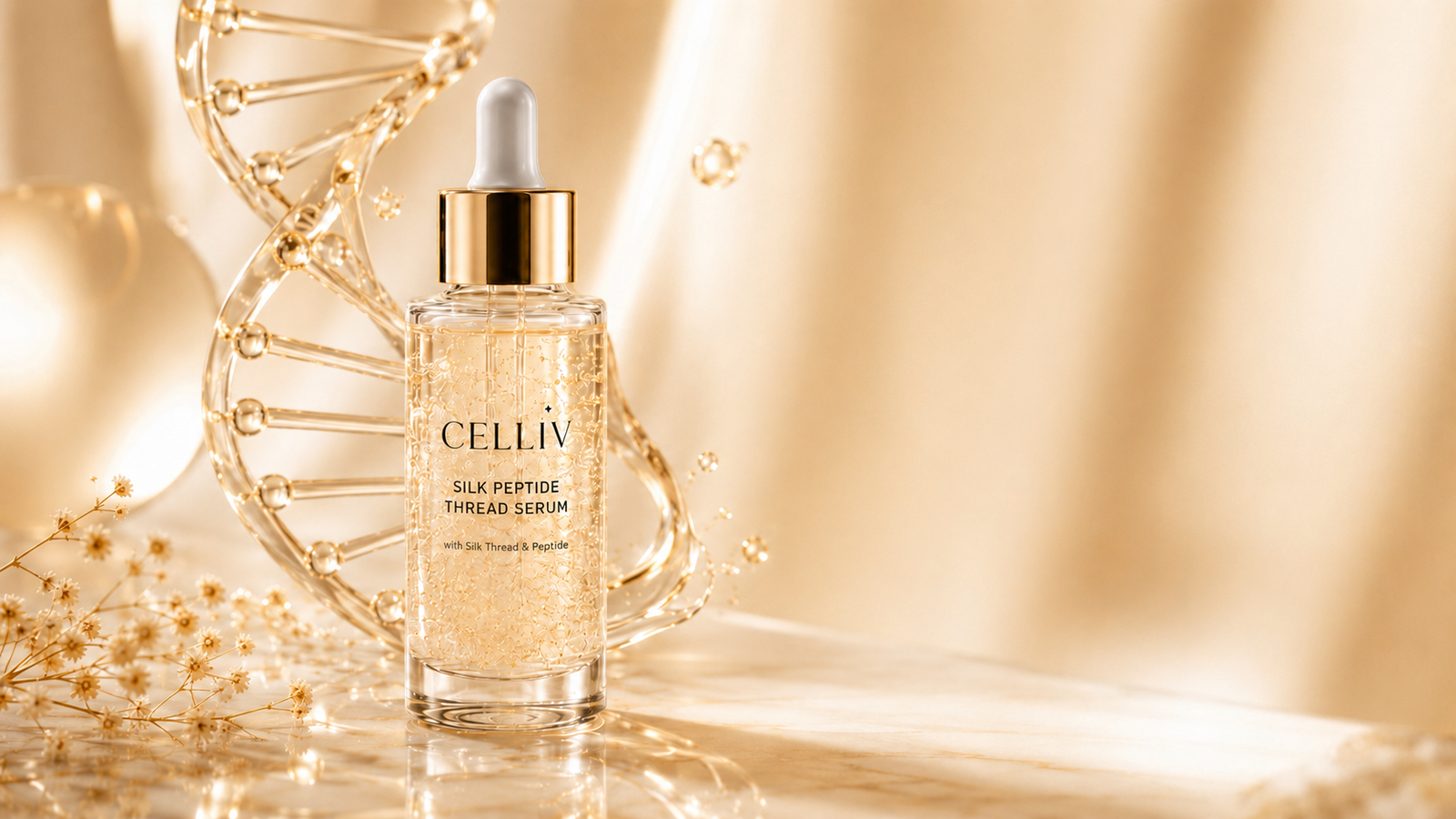 CELLIV serum beside a gold science-inspired structure
