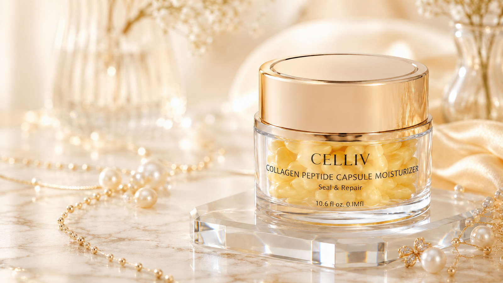 CELLIV moisturizer on a cream marble surface