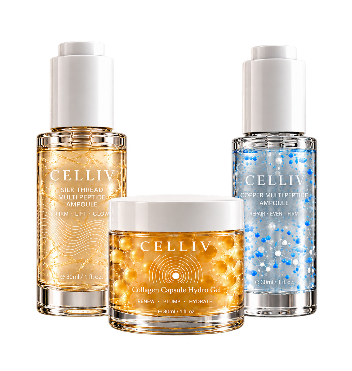 CELLIV Silk Thread Glow Ampoule, Copper Multi-Peptide Lifting Ampoule and Collagen Capsule Moisturizer collection