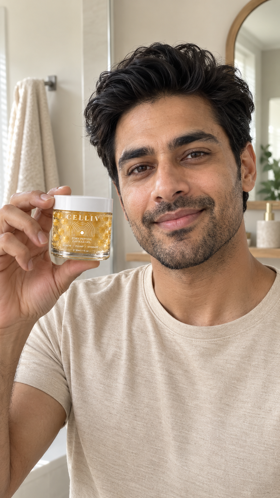 CELLIV Collagen Capsule Moisturizer UGC portrait of a man holding the jar