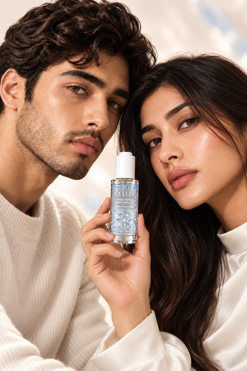 Two models holding CELLIV Copper Multi-Peptide Lifting Ampoule