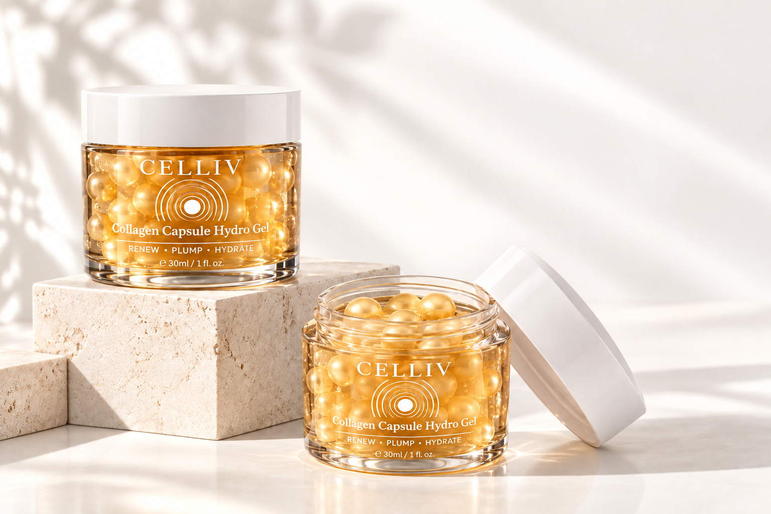 CELLIV Collagen Capsule Moisturizer jars and butter-gold capsules on travertine blocks